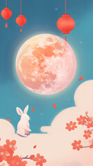 poster for chinese 'Mid-Autumn Festivities', full moon, traditional elements like lanterns, mooncakes, and a rabbit symbolizing the moon rabbit from Chinese folklore