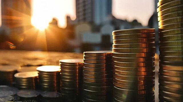 A stack of coins is shown in the foreground with the sun in the background. The coins are piled up in a way that suggests they are growing in value. Concept of wealth and prosperity