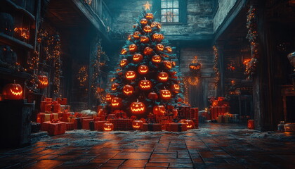 Halloween Christmas Tree with Jack-o'-Lanterns