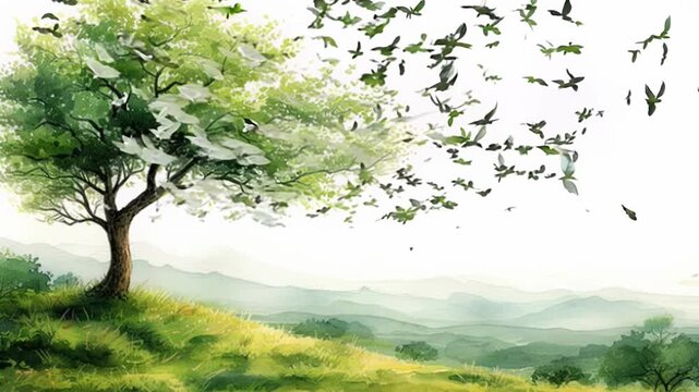 A tree is in the foreground of a field with a large number of birds flying in the background. Concept of freedom and tranquility, as the birds soar through the sky and the tree stands tall and strong