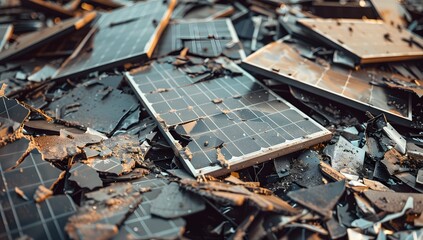 A pile of broken and old solar panels, symbolizing the end life cycle for renewable energy products, eco-friendly waste management concept, 