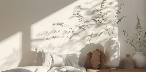 Minimalist Bedroom with Sunbeams and Plants Illustration