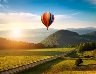 Colorful hot air balloon flying over green valley with road and mountain background at sunrise