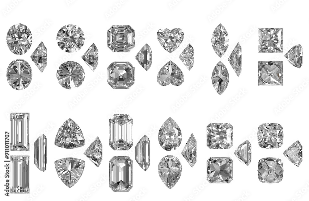 Poster diamonds multiple type isolated background on top, side and bottom view 3d rendering