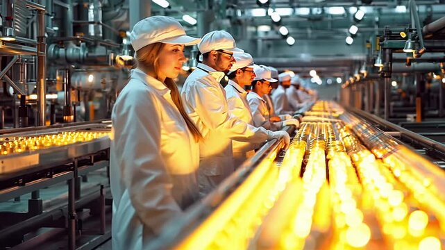 A woman is working in a factory with other workers. The factory is filled with yellow objects. The woman is wearing a white hat and a white shirt