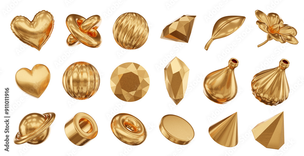 Poster gold object geometry shape set isolated background 3d rendering