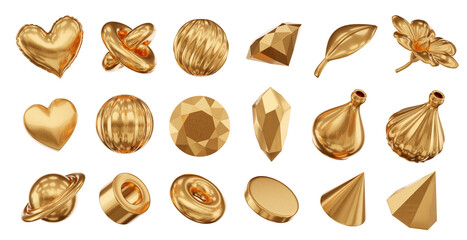 Gold Object geometry shape set isolated background 3d rendering	

