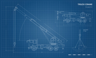 Truck crane industrial blueprint. Hydraulic machine outline drawing. Loader car in line style. Vehicle side view. Contour building lorry