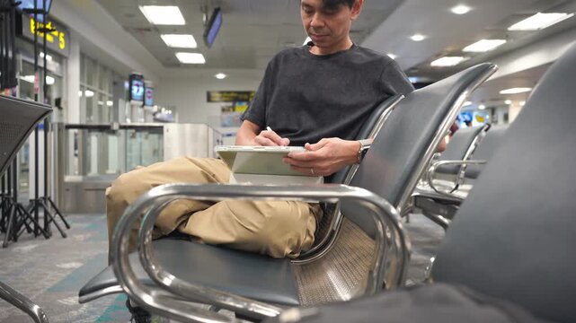 business concept with asian man sit on chair and work with tablet in airport 