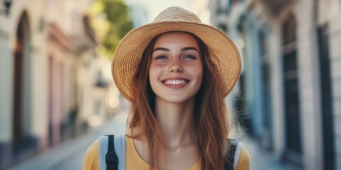 A woman hiking or traveling with a straw hat and backpack, suitable for outdoor adventure or travel imagery