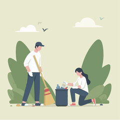 people cleaning nature by collecting garbage into trash bags. Family working together and picking plastic litter. Colored flat vector illustration isolated on white background