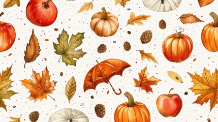 Watercolor Illustration of Autumn Elements on White Background