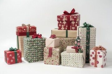 array of beautifully wrapped christmas gift boxes in various sizes and coordinating colors crisp white background highlights festive details