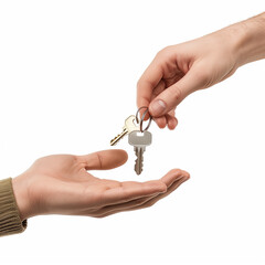 Close-Up of Hands Exchanging Keys with White Background