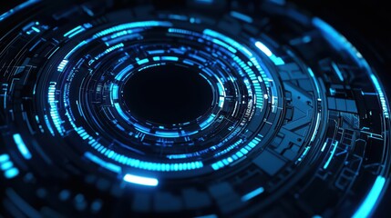 A fantastical depiction of a digital circular interface with luminous blue elements and geometric patterns