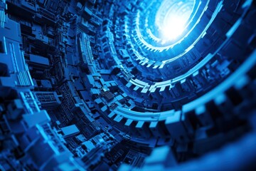 A fantastical depiction of blue gears formed by luminous digital connections