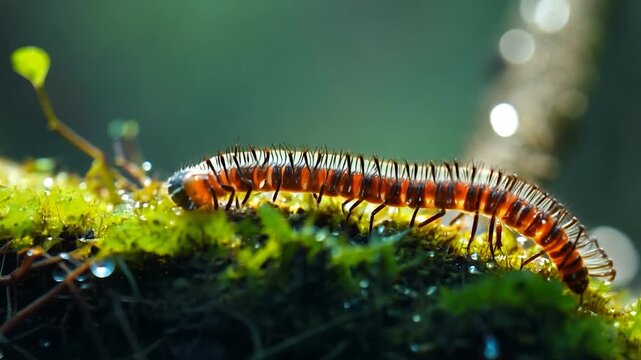 A vibrant centipede moves gracefully across damp moss in a calm forest, surrounded by greenery and soft light