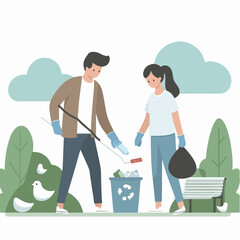 people cleaning nature by collecting garbage into trash bags. Family working together and picking plastic litter. Colored flat vector illustration isolated on white background