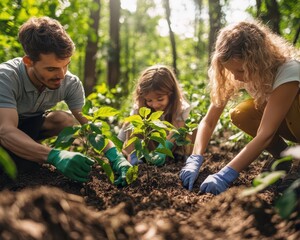 Parents and kids planting trees in a lush green forest, teamwork and care, future generations, family travel, ecofriendly vacation