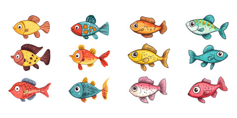 Set of cute childish fish drawn on white background.