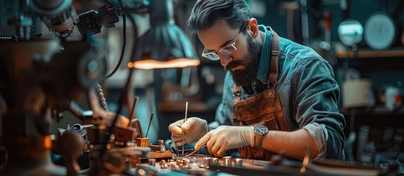 Concentrated Craftsman Working on a Delicate Project in his Workshop