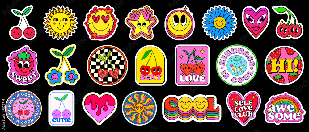 Poster set of cool cute smile emoji patches. collection of y2k pop art comic stickers vector design. groovy