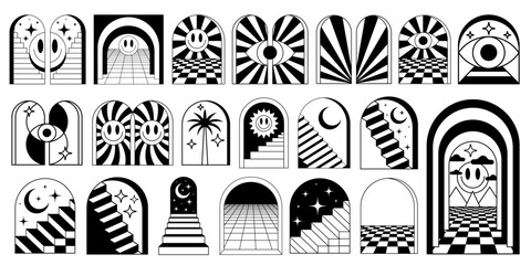 Cool Groovy Boho Style Graphic Design Elements. Minimal geometric patterns.