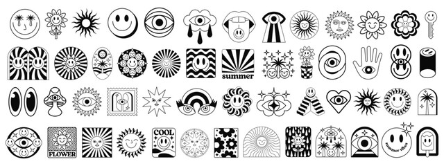 Tattoo Art Graphic Elements Vector Design. Acid Trippy Icon Signs. Pop Art Patches.