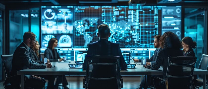 Professional and collaborative meeting in a well-lit room with diverse participants using technology for data analysis and decision-making. Inclusive atmosphere for sharing ideas.