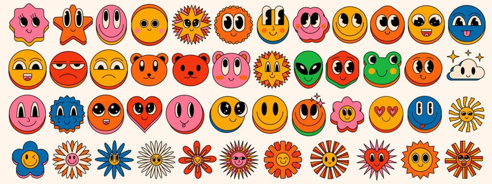 Cool Trendy Set Of Funny Happy Cartoon Character Faces. Collection Of Groovy Smile Emoji, Retro Funky Comic Cute Stickers. Pop Art Graphic Design Elements.