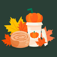 Autumn Coffee and Cinnabon with Sprinkles.Postcard, invitation, poster, tag, banner.