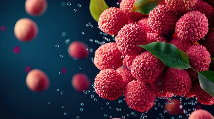 Abstract explosion of Thai lychee, with colorful, juicy fruits and vibrant colors flying in an empty space
