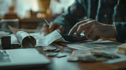 Obraz premium Close up of a man working at a desk with a calculator and documents,