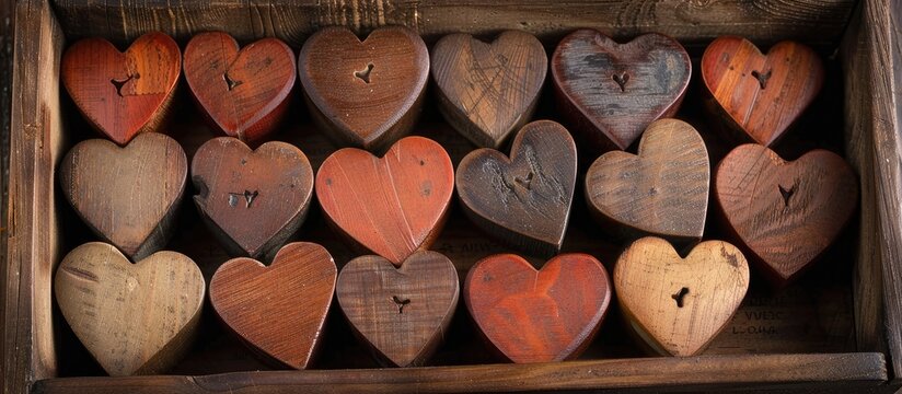Ideas of love and weddings depicted with heart-shaped wooden pieces neatly arranged in a box, creating a charming copy space image.