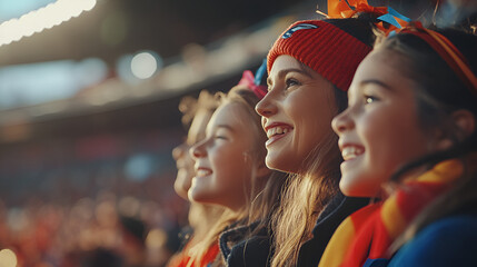 Naklejka premium Close-Up of Mid-40s Mother and Two Teenage Daughters in Football Club Merch, Cheering in Grandstand