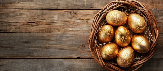 Obraz premium Top-down view of classic Easter eggs in a wicker basket, adorned with gold paint on a wooden backdrop, offering copy space for text.