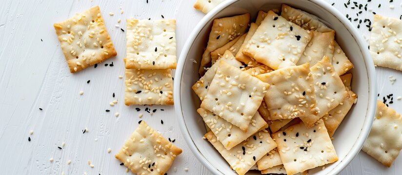 Japanese rice crackers flavored with seaweed on a white backdrop with open space for text or graphics. image with copy space