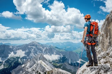 Fototapeta premium A thrilling mountain climb with ropes and gear, extreme adventure