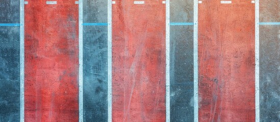 View from above of textured rubber running track lanes with white line markings for a background with copy space image.