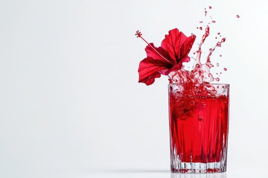 Luxury minimal Thai roselle juice, the vibrant red color and refreshing texture flying in an empty white space