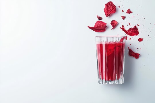 Luxury minimal Thai roselle juice, the vibrant red color and refreshing texture flying in an empty white space