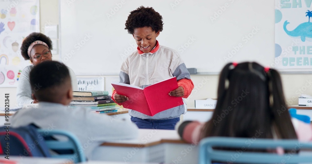 Poster Class, child and reading presentation for learning, education or storytelling in elementary school. Kid boy, students and speech with teacher for assignment, project or knowledge with book in lesson
