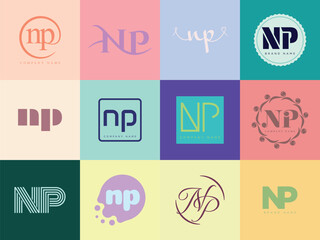NP logo company template. Letter n and p logotype. Set different classic serif lettering and modern bold text with design elements. Initial font typography. © SolaruS