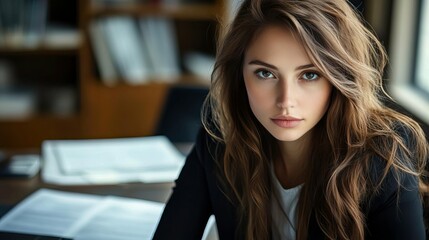 A serious woman with long hair seated at a desk, gazing thoughtfully out of the frame, ideal for business or portrait photography.