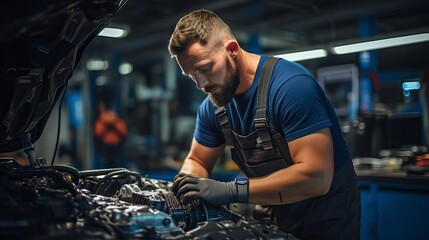 A skilled mechanic works on an engine in a modern auto repair shop, showcasing expertise and dedication to automotive service.