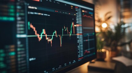 Close-up of a fluctuating stock chart on a computer screen with candlesticks surrounded by financial statements and analysis tools, a dynamic scene of busy stock trading