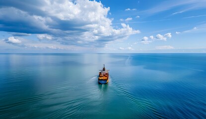 Obraz premium Cargo ship sailing on calm sea, blue sky with clouds, aerial view, copy space, wide angle, high resolution photography,