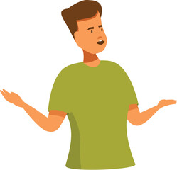 Young man is gesturing with his palms up while explaining something