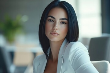 Fototapeta premium Confident young woman with dark hair in modern office setting, exuding professionalism and elegance.