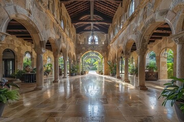 aweinspiring mansion interior blending modern luxury with monastic serenity soaring ceilings stone archways and lush indoor gardens create a harmonious contemplative space
